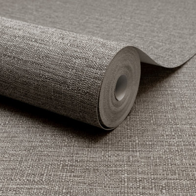 Grandeco Telma Slubbed Fabric Hessian Textured Luxury Wallpaper Dark Mocha Neutral