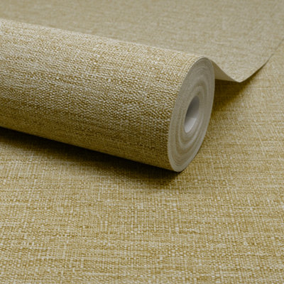 Grandeco Telma Slubbed Fabric Hessian Textured Luxury Wallpaper, Golden Beige Straw