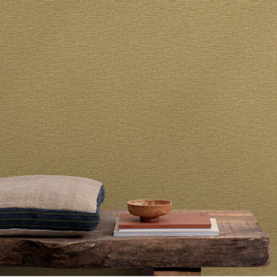 Grandeco Telma Slubbed Fabric Hessian Textured Luxury Wallpaper, Golden Straw