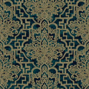 Grandeco Textured Distressed Damask Trellis Wallpaper Teal / Gold