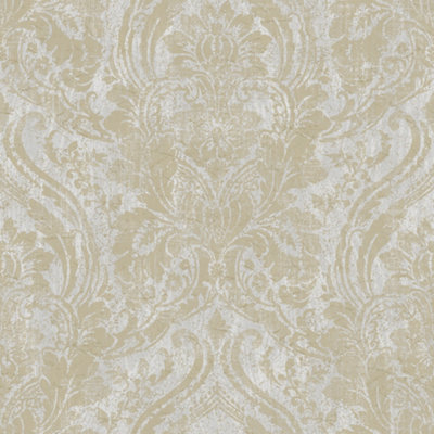 Grandeco Textured Distressed Metallic Damask Wallpaper, Grey