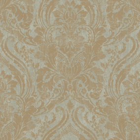 Grandeco Textured Distressed Metallic Damask Wallpaper, Sage