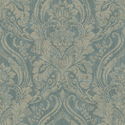 Grandeco Textured Distressed Metallic Damask Wallpaper, Teal