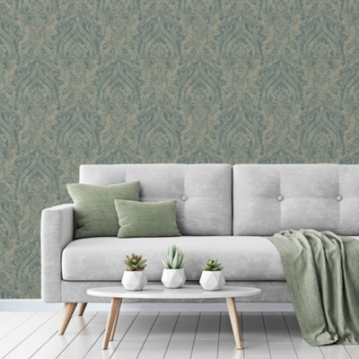 Grandeco Textured Distressed Metallic Damask Wallpaper, Teal
