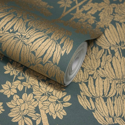 Grandeco Tonal Trees Toile Landscape Textured Wallpaper, Teal Green
