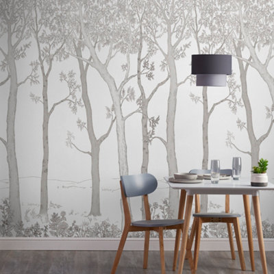 Grandeco Trees 3 lane repeatable Textured Mural,  2.8 x 1.59m, White