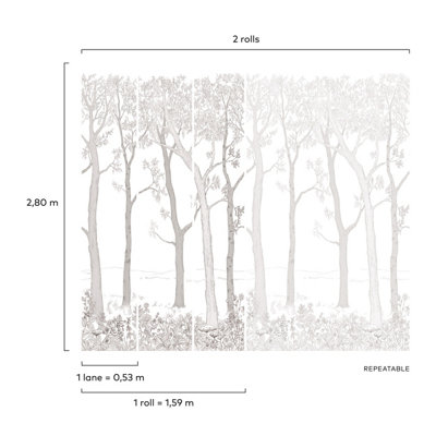 Grandeco Trees 3 lane repeatable Textured Mural,  2.8 x 1.59m, White