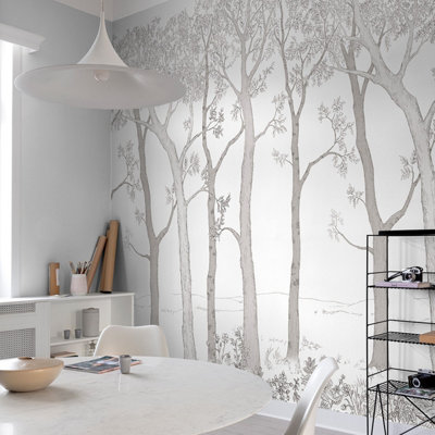 Grandeco Trees 3 lane repeatable Textured Mural,  2.8 x 1.59m, White