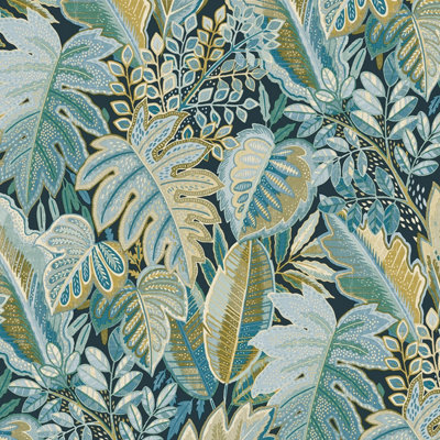 Grandeco Tribal Leaf Foliage Textured Wallpaper, Aqua Blue & Green