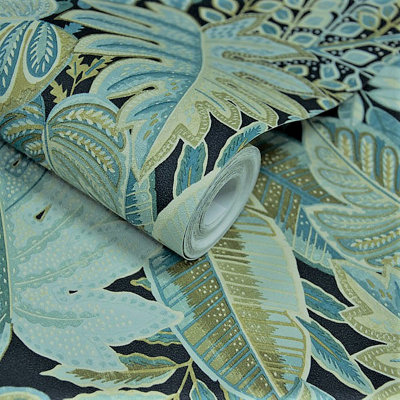 Grandeco Tribal Leaf Foliage Textured Wallpaper, Aqua Blue & Green