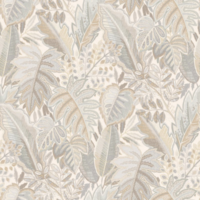 Grandeco Tribal Leaf Retro Jungle Foliage Textured Wallpaper, Neutral Beige