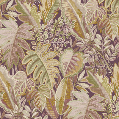 Grandeco Tribal Leaf Retro Jungle Foliage Textured Wallpaper, Pink Purple