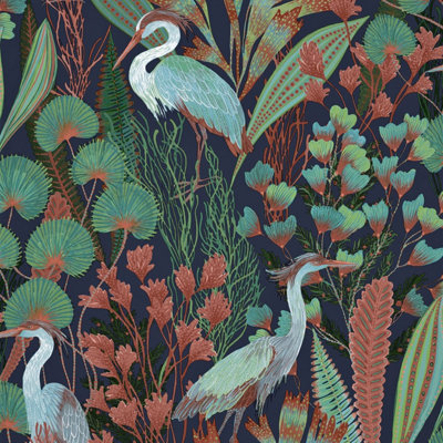 Grandeco Tropical Crane Navy Textured Wallpaper, Navy Green Pink