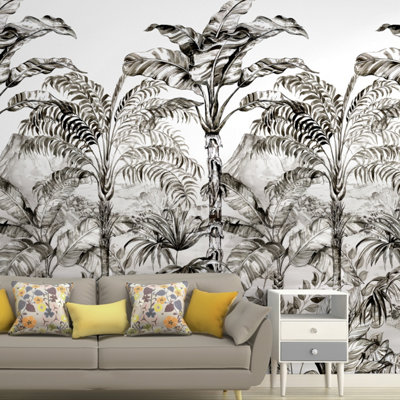 Grandeco Turman Palm Scene 3 lane repeatable Textured Mural, 1.59 x 2.8m, Monochrome