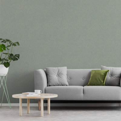 Grandeco Twill Plain Fabric Textured Wallpaper, Green
