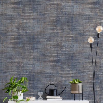Grandeco Urban Stripe Navy Blue Distressed Metallic Textured Wallpaper