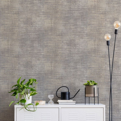 Image showcasing Grandeco Urban Stripe Neutral Distressed Metallic Textured Wallpaper ...
