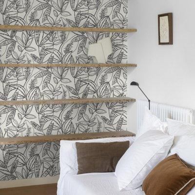 Grandeco Valadera Stitched Sketched Leaves Blown Vinyl Wallpaper, Black White