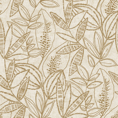 Grandeco Valadera Stitched Sketched Leaves Blown Vinyl Wallpaper, Neutral Yellow