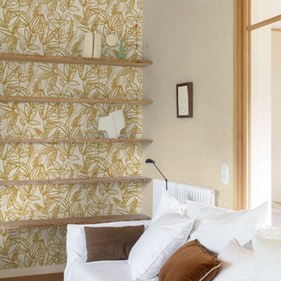 Grandeco Valadera Stitched Sketched Leaves Blown Vinyl Wallpaper, Neutral Yellow