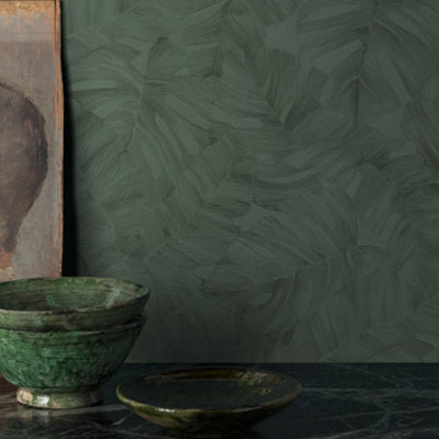 Grandeco Vanavara Monstera Leaf Textured Wallpaper, Green