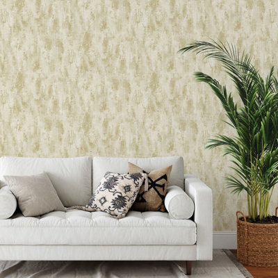 Grandeco Venetian Textured Distressed Concrete Stone Wallpaper, Gold