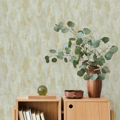 Grandeco Venetian Textured Distressed Concrete Stone Wallpaper, Green