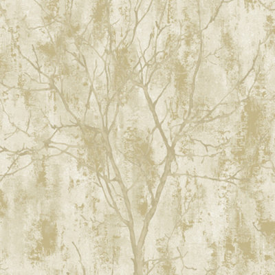 Grandeco Venetian Tree Textured Distressed Concrete Stone Wallpaper, Gold