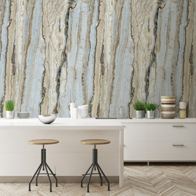 Grandeco Vertical Marble Blue & Neutral 3 Lane Repeatable Wallpaper Mural 159 x 280cm