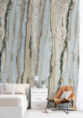 Grandeco Vertical Marble Blue & Neutral Repeatable Wallpaper Mural 159 x 280cm