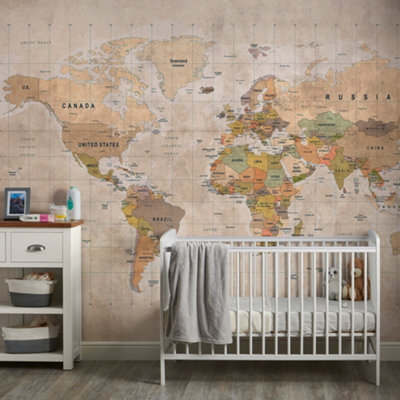 Grandeco Vintage World Map 7 panel Textured Mural,  3.71 x 2.8m, Multi Neutral