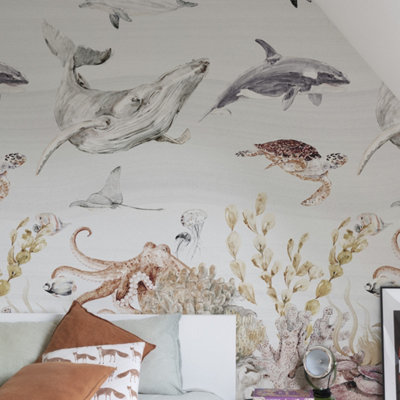 Grandeco Watercolour SeaLife Coral Reef Nursery 3 panel repeatable Mural 1.59 x 2.8m