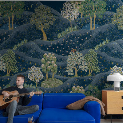 Grandeco Whimsy Landscape Scene 3 lane repeatable wallpaper Mural, 2.8 x 1.59m, Navy