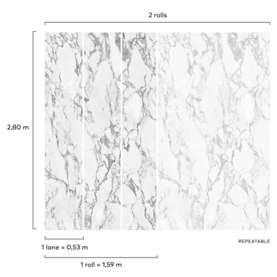 Grandeco White Marble 3 lane repeatable Textured Mural, 2.8 x 1.59m