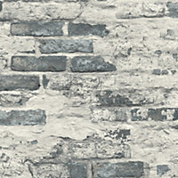 Grandeco Whitewashed Battersea Brick Industrial Textured Wallpaper, Charcoal