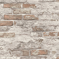 Grandeco Whitewashed Battersea Red Brick Industrial Textured Wallpaper