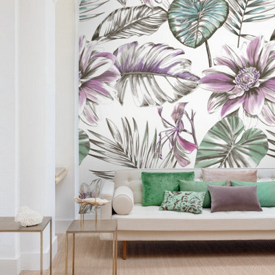 Grandeco Wild Lilies 3 lane Repeatable Wallpaper Mural,1.59 x 2.8m, Green Purple