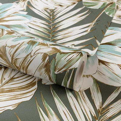 Grandeco Wild Lilies Green Metallic Gold Smooth Wallpaper