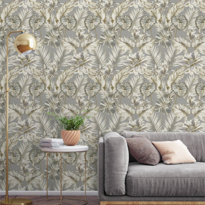 Grandeco Wild Lilies Grey Metallic Gold Smooth Wallpaper