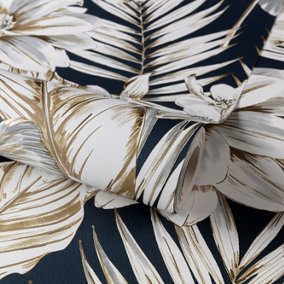 Grandeco Wild Lilies Navy Metallic Gold Smooth Wallpaper