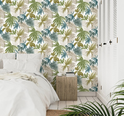 Grandeco Wild Palm Green Teal & Copper Metallic Textured Wallpaper