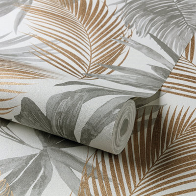 Grandeco Wild Palm Grey & Copper Metallic Textured Wallpaper