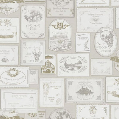 Grandeco Wine Labels Vintage French Beige Cream Paste The Wall Wallpaper