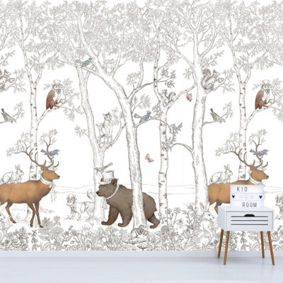 Grandeco Wonderland Forest Animals 3 Lane Repeatable Wallpaper Childrens Nursery Mural, Grey