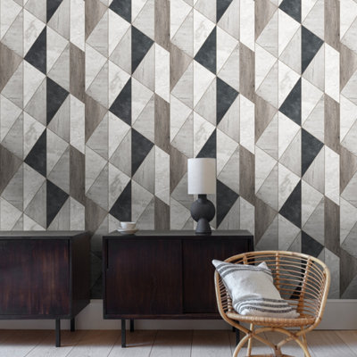 Grandeco Woodblock Geometric Vigo Textured Wallpaper,  Grey