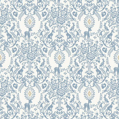 Grandeco Woodland Animals Damask Nursery Textured Wallpaper Blue