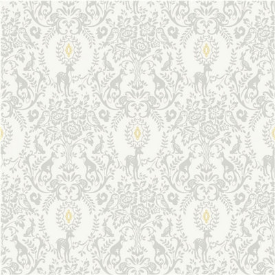 Grandeco Woodland Animals Damask Nursery Textured Wallpaper Grey