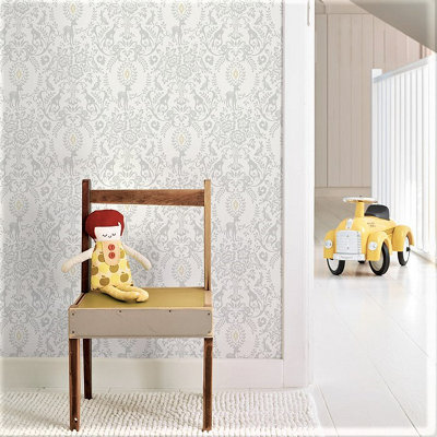 Grandeco Woodland Animals Damask Nursery Textured Wallpaper Grey