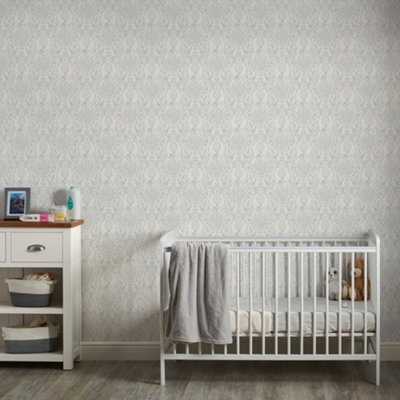 Grandeco Woodland Animals Damask Nursery Textured Wallpaper Grey