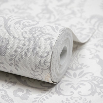 Grandeco Woodland Animals Damask Nursery Textured Wallpaper Grey